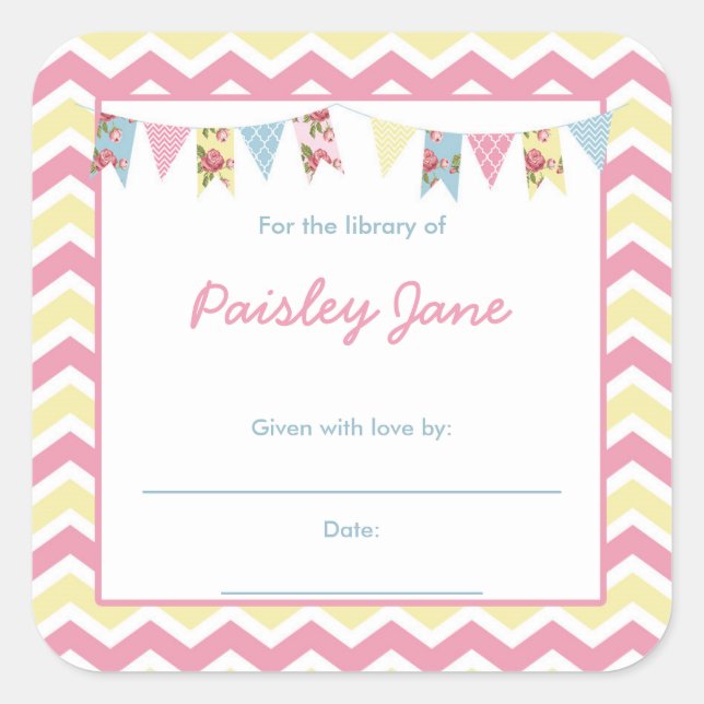 Pink Yellow Bunting Baby Shower bookplates (Front)