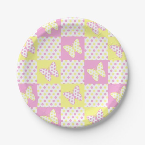 Pink Yellow Butterfly Polka Dot Quilt Pattern Girl Paper Plates