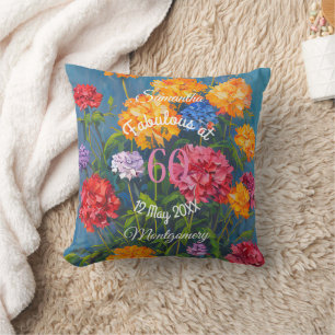 Pink Yellow Carnations on Blue Happy Birthday Throw Pillow