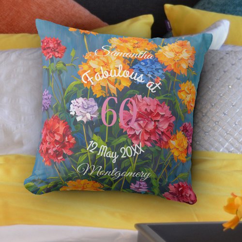 Pink Yellow Carnations on Blue Happy Birthday  Throw Pillow