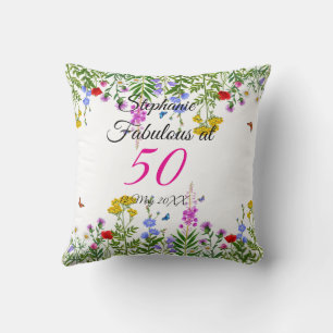 Pink Yellow Carnations on Blue Happy Birthday Throw Pillow