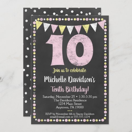 Pink Yellow Chalkboard 10th Birthday Invitation
