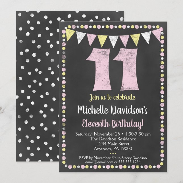 Pink Yellow Chalkboard 11th Birthday Invitation (Front/Back)