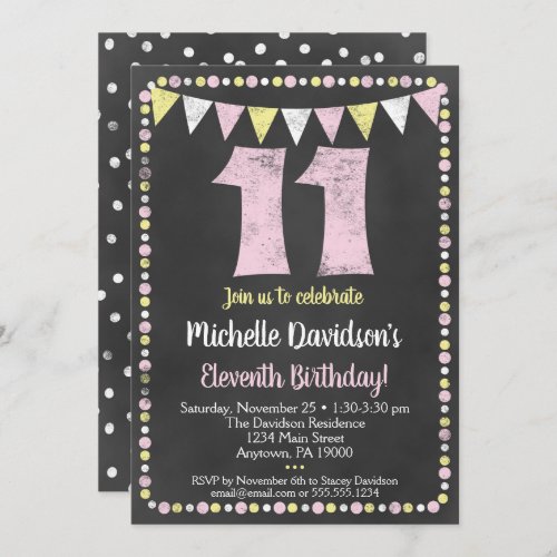 Pink Yellow Chalkboard 11th Birthday Invitation