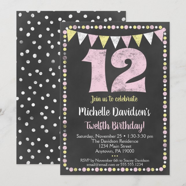 Pink Yellow Chalkboard 12th Birthday Invitation (Front/Back)
