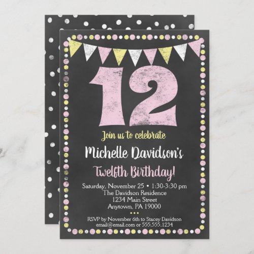 Pink Yellow Chalkboard 12th Birthday Invitation