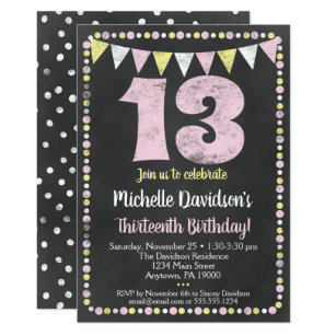 birthday 12th invitations invitation 13th chalkboard yellow pink zazzle