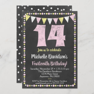 Pink Yellow Chalkboard 14th Birthday Invitation