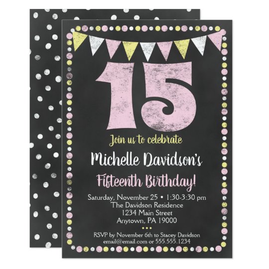 Pink Yellow Chalkboard 15th Birthday Invitation