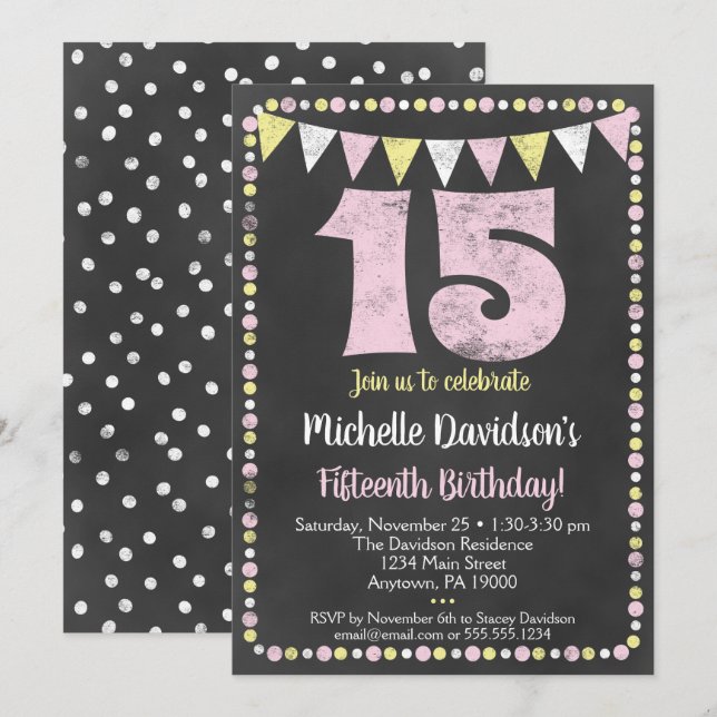 Pink Yellow Chalkboard 15th Birthday Invitation (Front/Back)