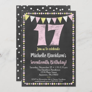 Pink Yellow Chalkboard 17th Birthday Invitation