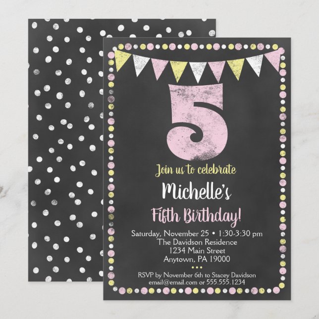 Pink Yellow Chalkboard 5th Birthday Invitation (Front/Back)