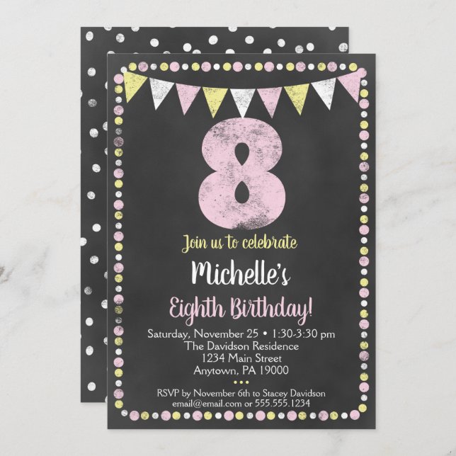 Pink Yellow Chalkboard 8th Birthday Invitation (Front/Back)