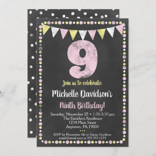 Pink Yellow Chalkboard 9th Birthday Invitation