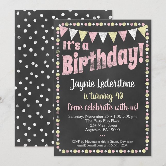 Pink Yellow Chalkboard Birthday Invitation (Front/Back)