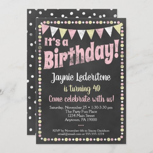 Pink Yellow Chalkboard Birthday Invitation