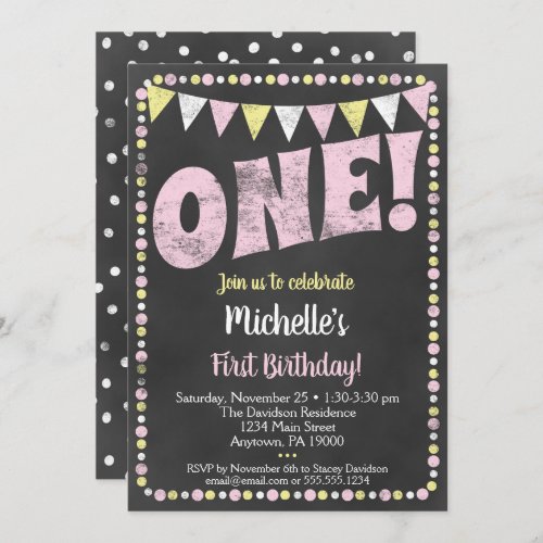 Pink Yellow Chalkboard First Birthday Invitation