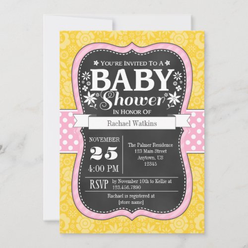 Pink Yellow Chalkboard Floral Baby Shower Invite