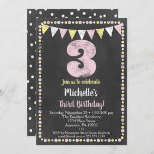 Pink Yellow Chalkboard Third Birthday Invitation