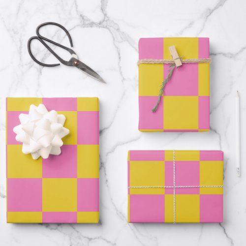Pink Yellow Checkered Pattern Wrapping Paper Sheets