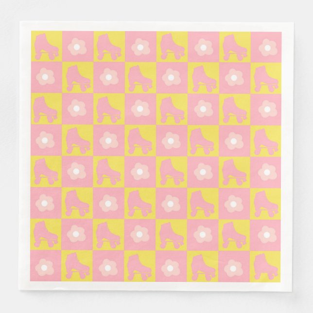 Pink Yellow Checkered Roller Derby Skate Paper Dinner Napkins (Front)