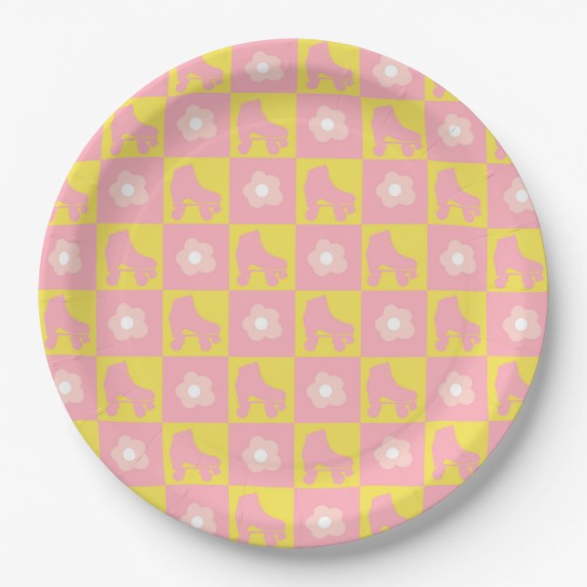 Pink Yellow Checkered Roller Derby Skate Paper Plates (Front)