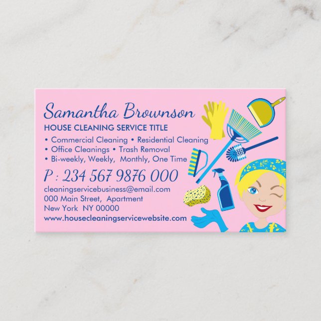 Pink Yellow Cleaning Janitorial Maid Housekeeping Business Card (Front)
