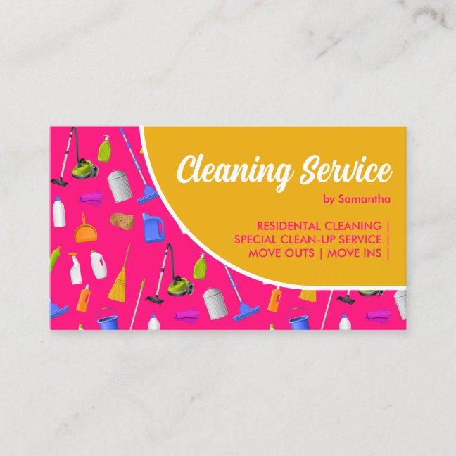 Pink Yellow Color House Cleaning Tools Business Card