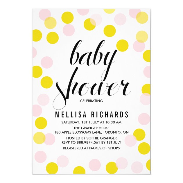 Pink & Yellow Confetti Polka Dots Baby Shower Invitation