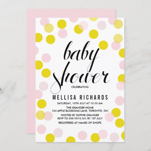 Pink  Yellow Confetti Polka Dots Baby Shower Invitation
