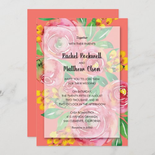 Pink Yellow Coral Floral Wedding Invitation