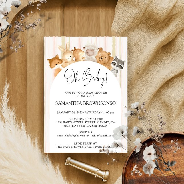 Pink Yellow Cute Animals Budget Oh Baby Shower Invitation (Creator Uploaded)