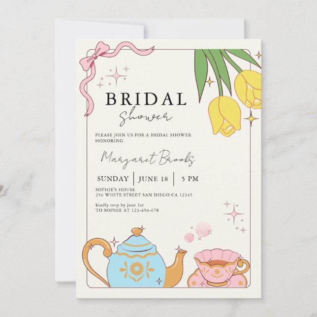 Pink Yellow Cute Bridal Shower Tea Party Invitation (Front)