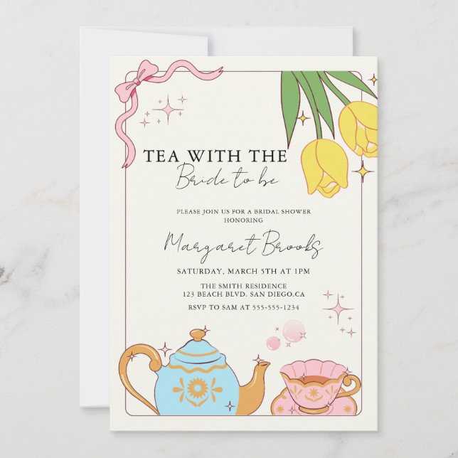 Pink Yellow Cute Bridal Tea Party Invitation (Front)