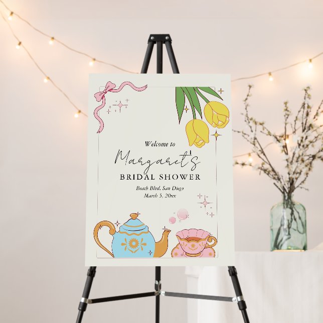 Pink Yellow Cute Bridal Tea Welcome Sign (In Situ (Stand))
