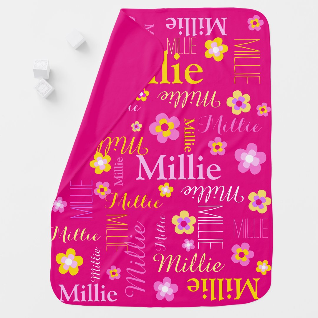 Pink yellow cute girls name Millie flower Baby Blanket Zazzle