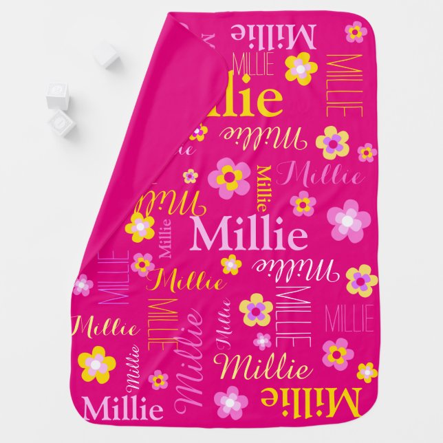 Pink yellow cute girls name Millie flower Baby Blanket (In Situ)