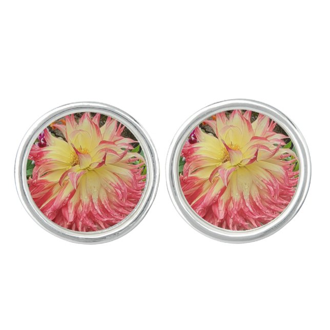Pink & Yellow Dahlia  Cufflinks (Front)