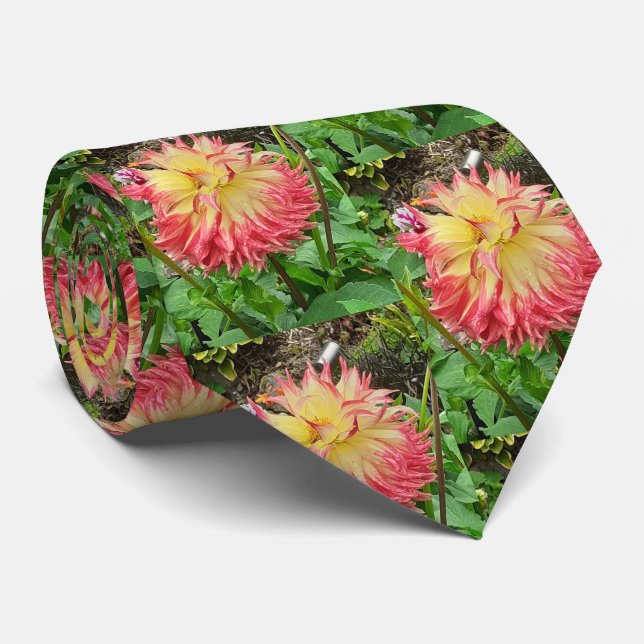 Pink & Yellow Dahlia  Neck Tie (Rolled)