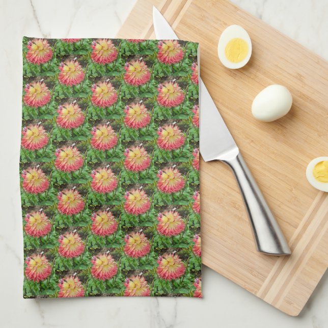 Pink & Yellow Dahlia Tea Towel (Quarter Fold)