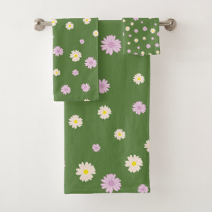 Pink Yellow Daisies Flowers Pattern I Green  Bath Towel Set
