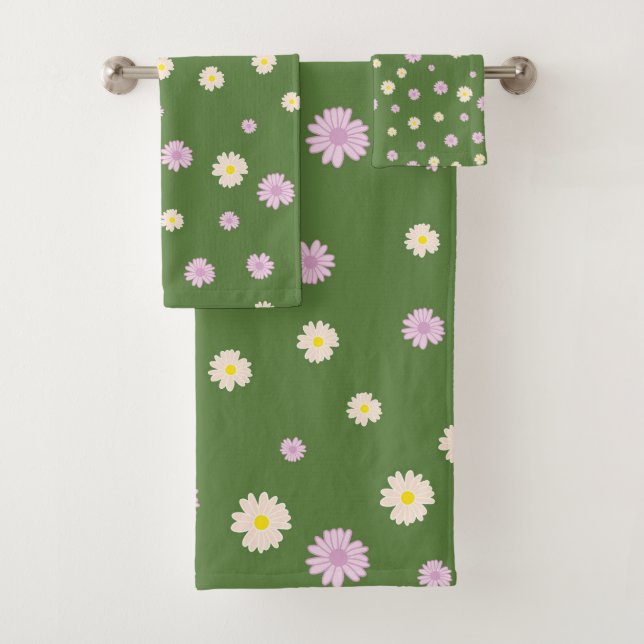 Pink Yellow Daisies Flowers Pattern I Green  Bath Towel Set (Insitu)