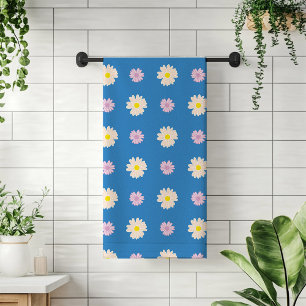 Pink Yellow Daisies Flowers Pattern Stripes I Blue Bath Towel Set