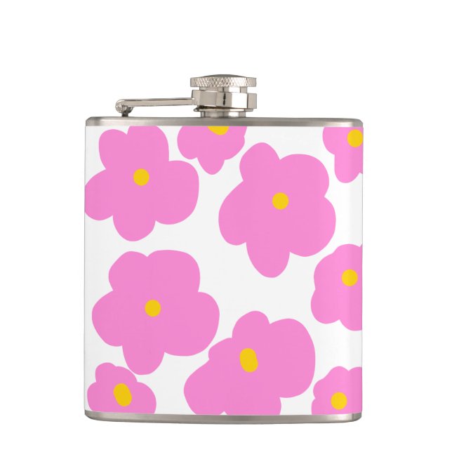 Pink yellow daisy flower modern elegant pattern  flask (Front)