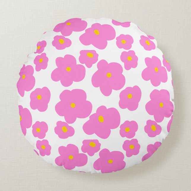 Pink yellow daisy flower modern elegant pattern  round pillow (Front)