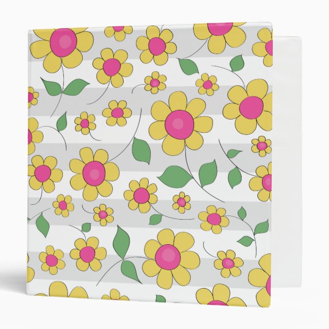 Pink yellow daisy flower spring kids doodles 3 ring binder (Front/Inside)