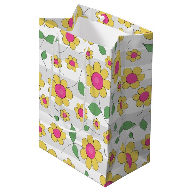 Pink yellow daisy flower spring kids doodles medium gift bag (Front Angled)