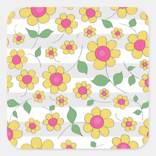 Pink yellow daisy flower spring kids doodles square sticker