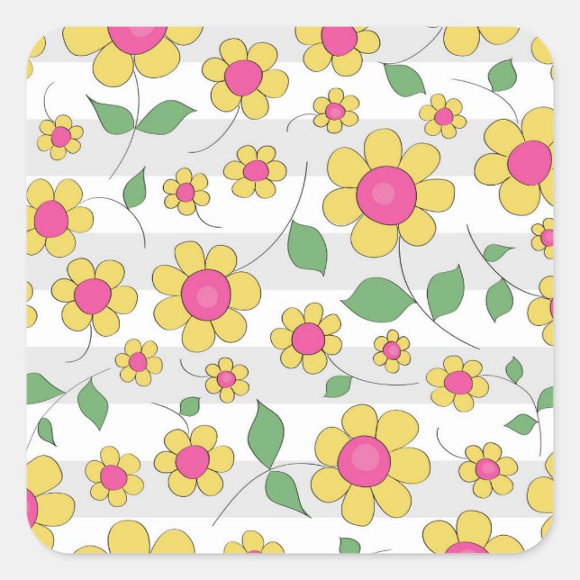 Pink yellow daisy flower spring kids doodles square sticker (Front)