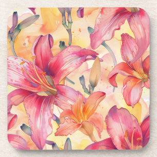 Pink Yellow Daylilies Beverage Coaster